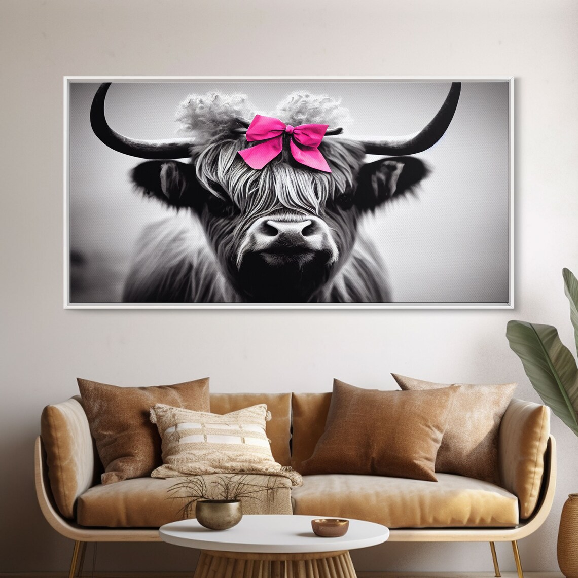 Cute Highland Cow With Bow, Farmhouse Art Print