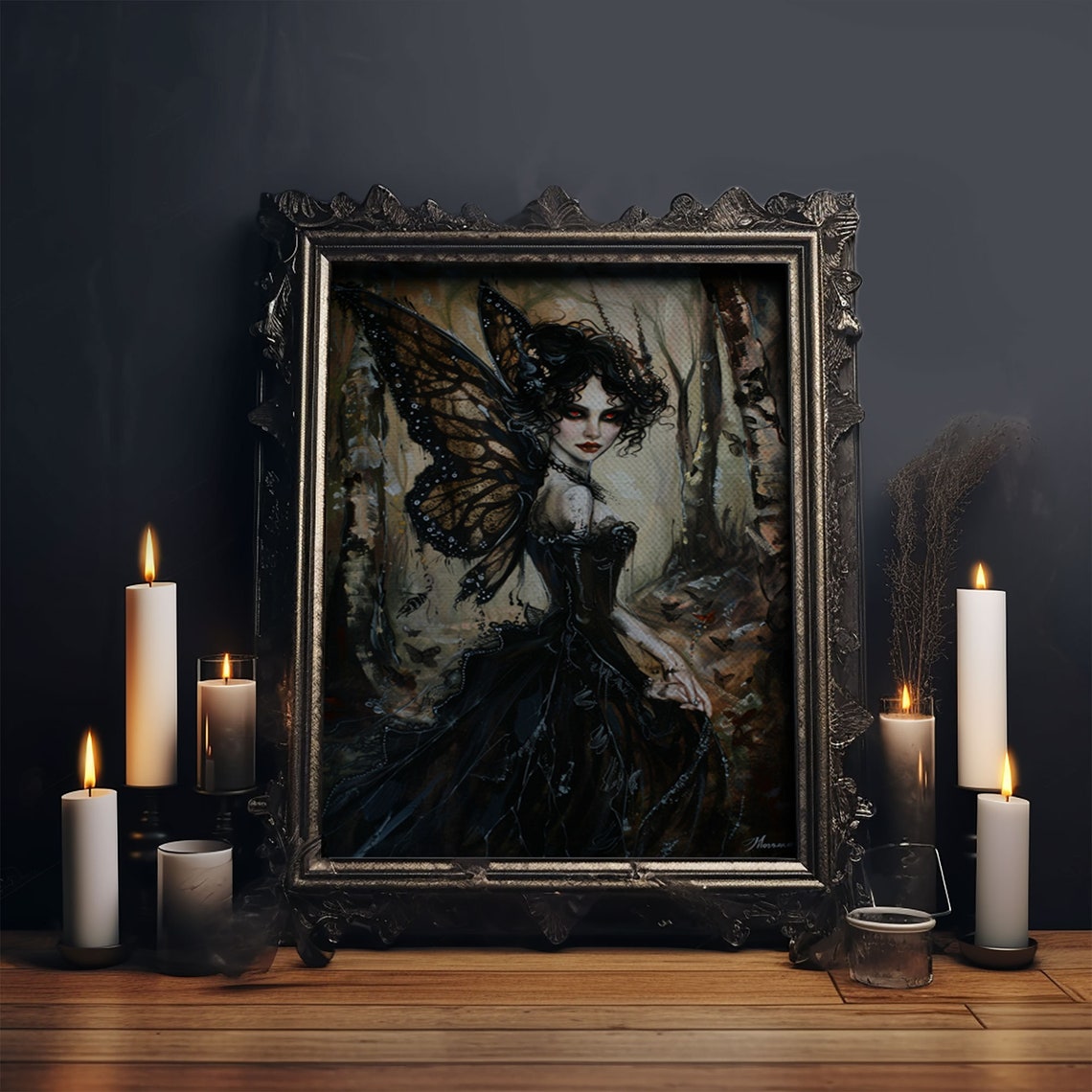 Dark Gothic Fairy With Butterfly Wings In Enchanted Forest Poster - Image 6