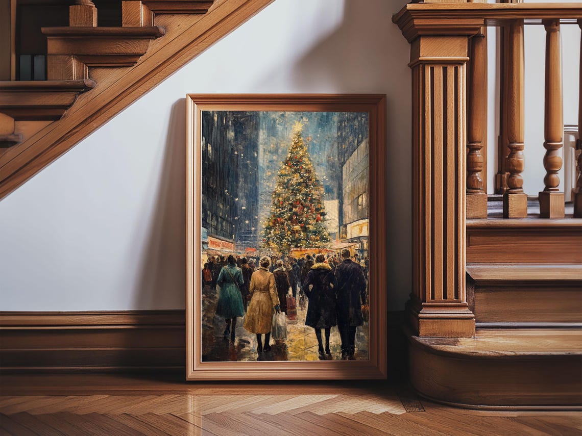 Vintage Christmas Crowd Gathered Around Giant Tree City Night Art - Image 4