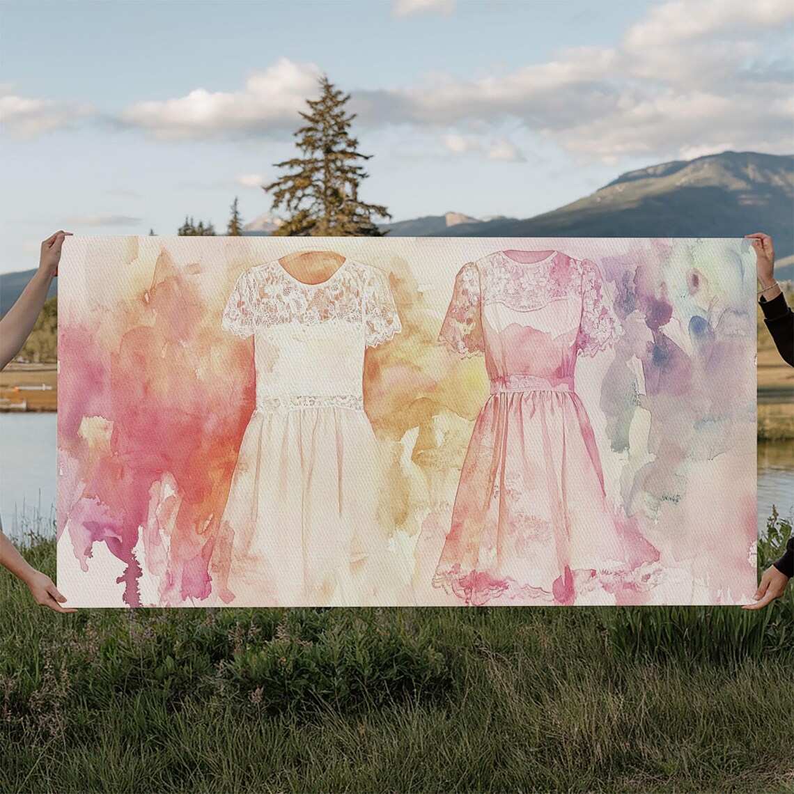Pink Lace Dresses Watercolor Wide Horizontal Fashion Illustration Wall Art - Image 3