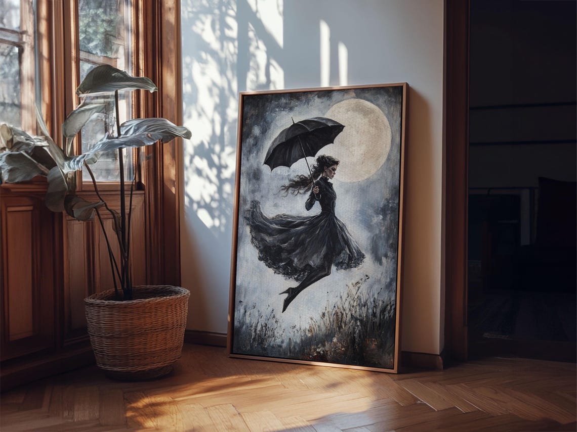 Witch Flying With Umbrella Under Full Moon Dark Gothic Night Wall Art - Image 2