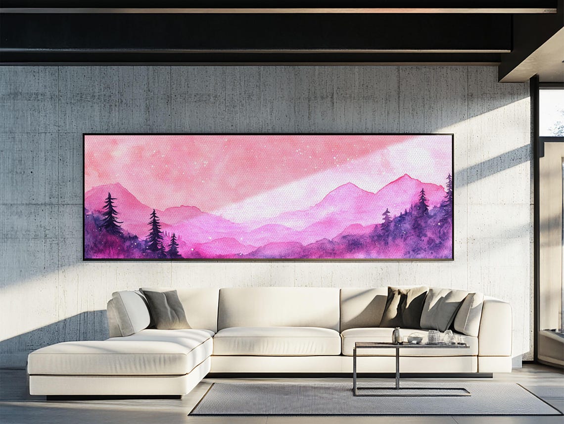 Pink Starry Night Mountain Landscape Watercolor Purple Wall Art Poster - Image 3