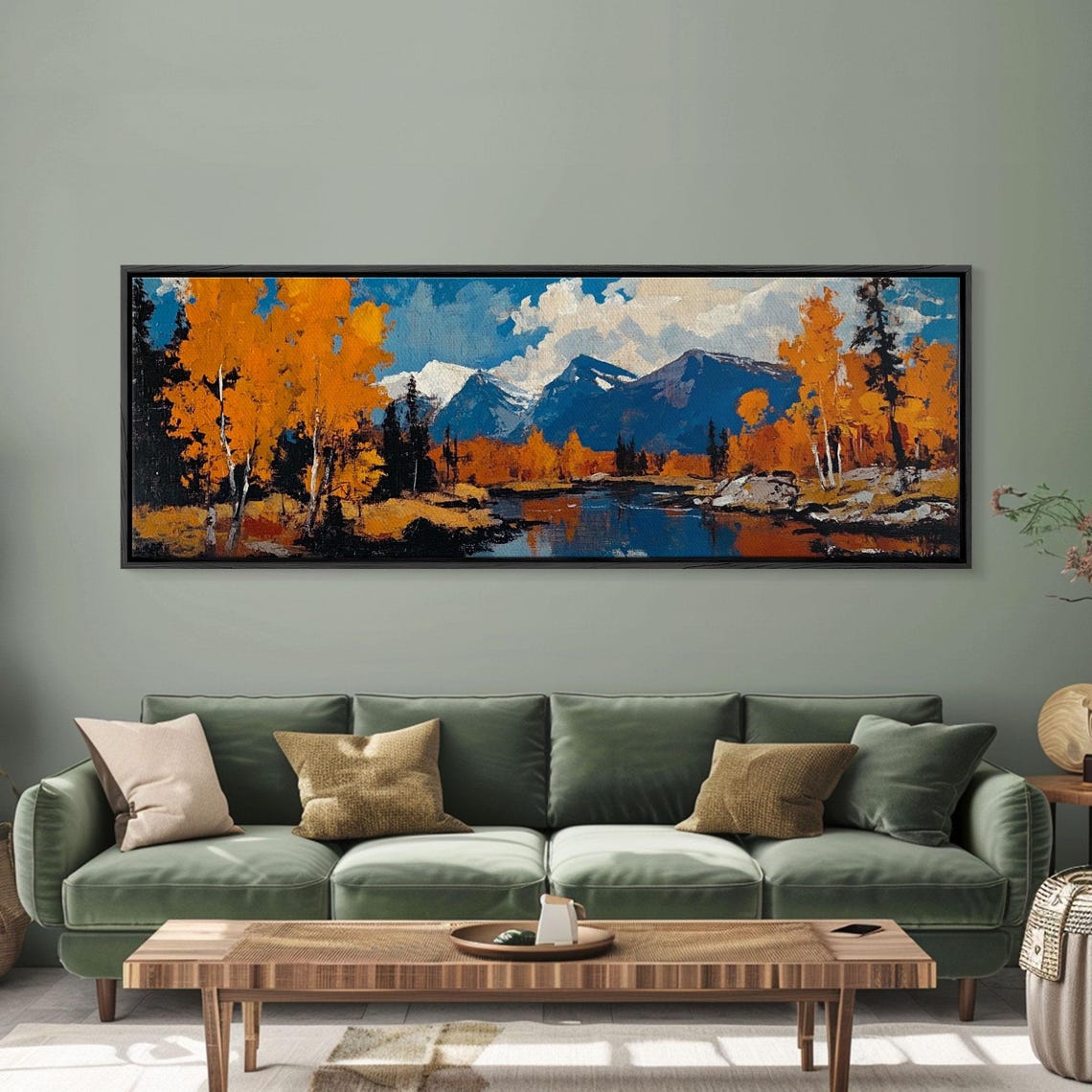 Vintage Fall Landscape Golden Aspens Mountain Lake Oil Poster