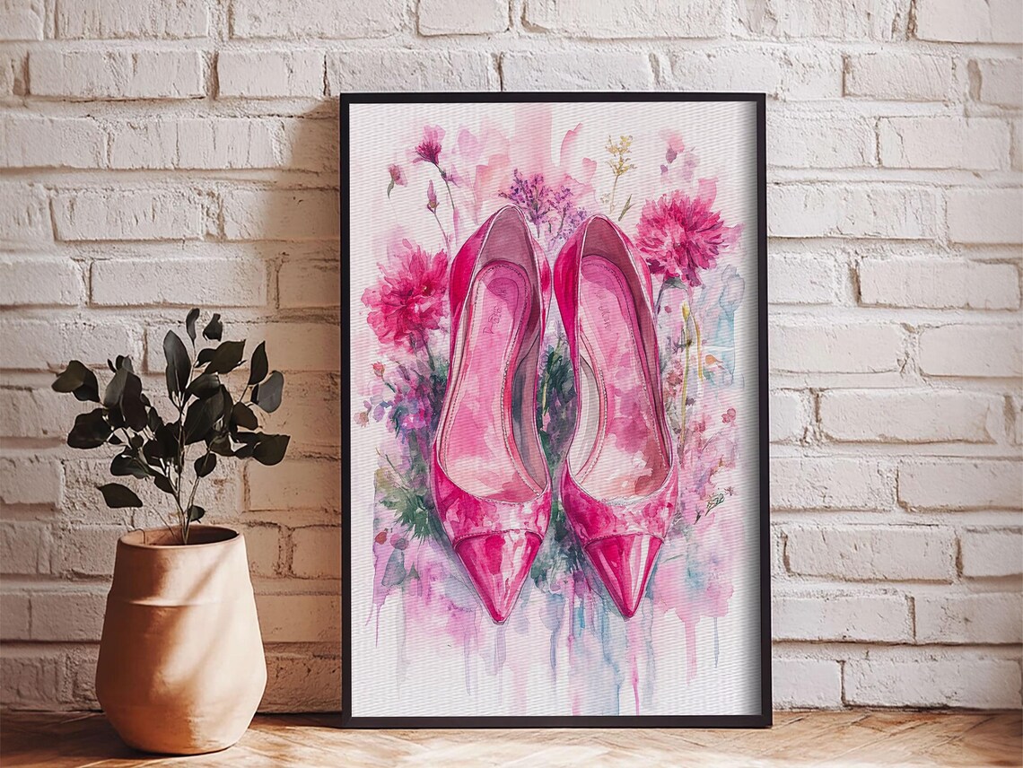 Pink High Heels Floral Watercolor Feminine Fashion Art Print - Image 2