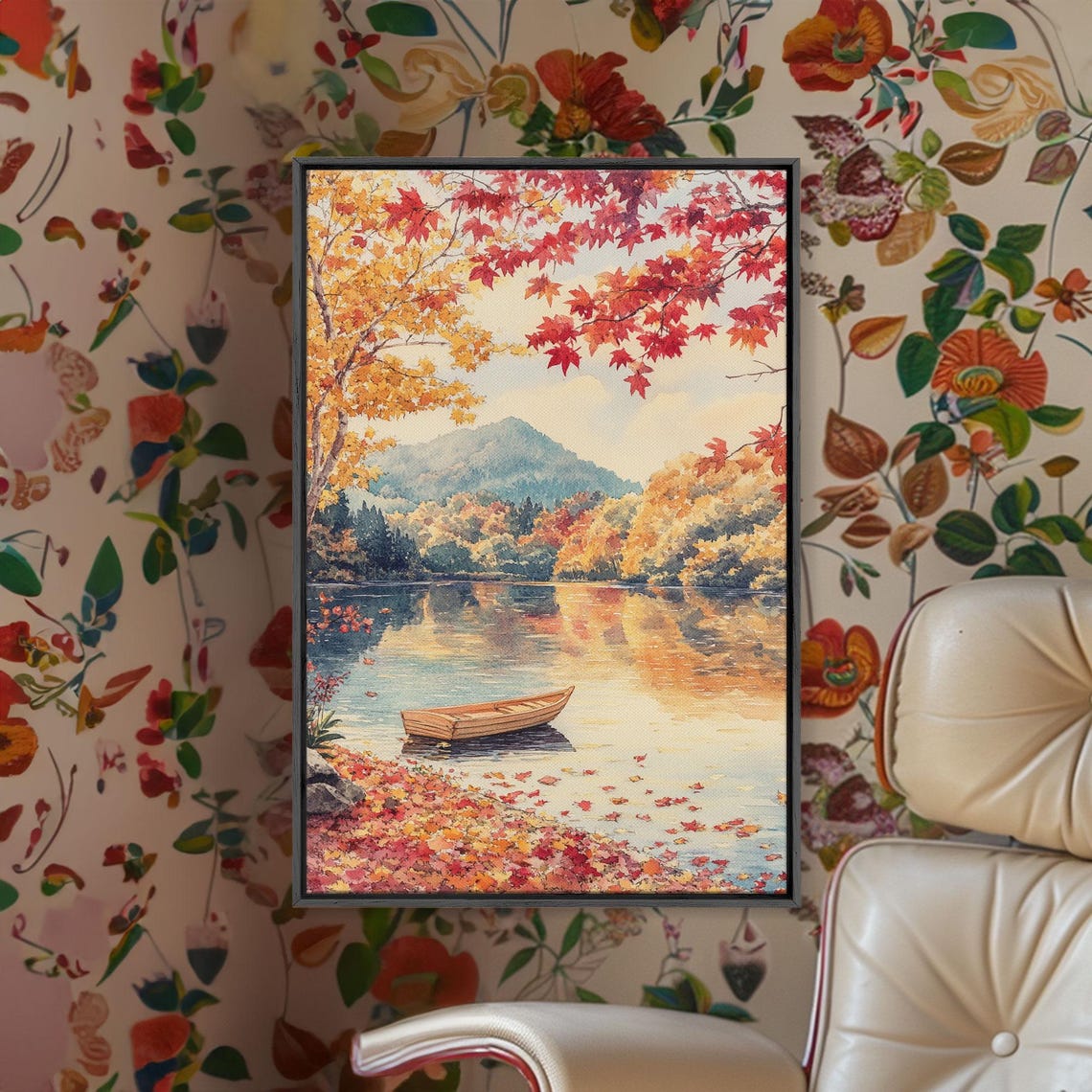 Autumn Canoe On Serene Fall Lake Maple Leaves Mountain Poster - Image 3