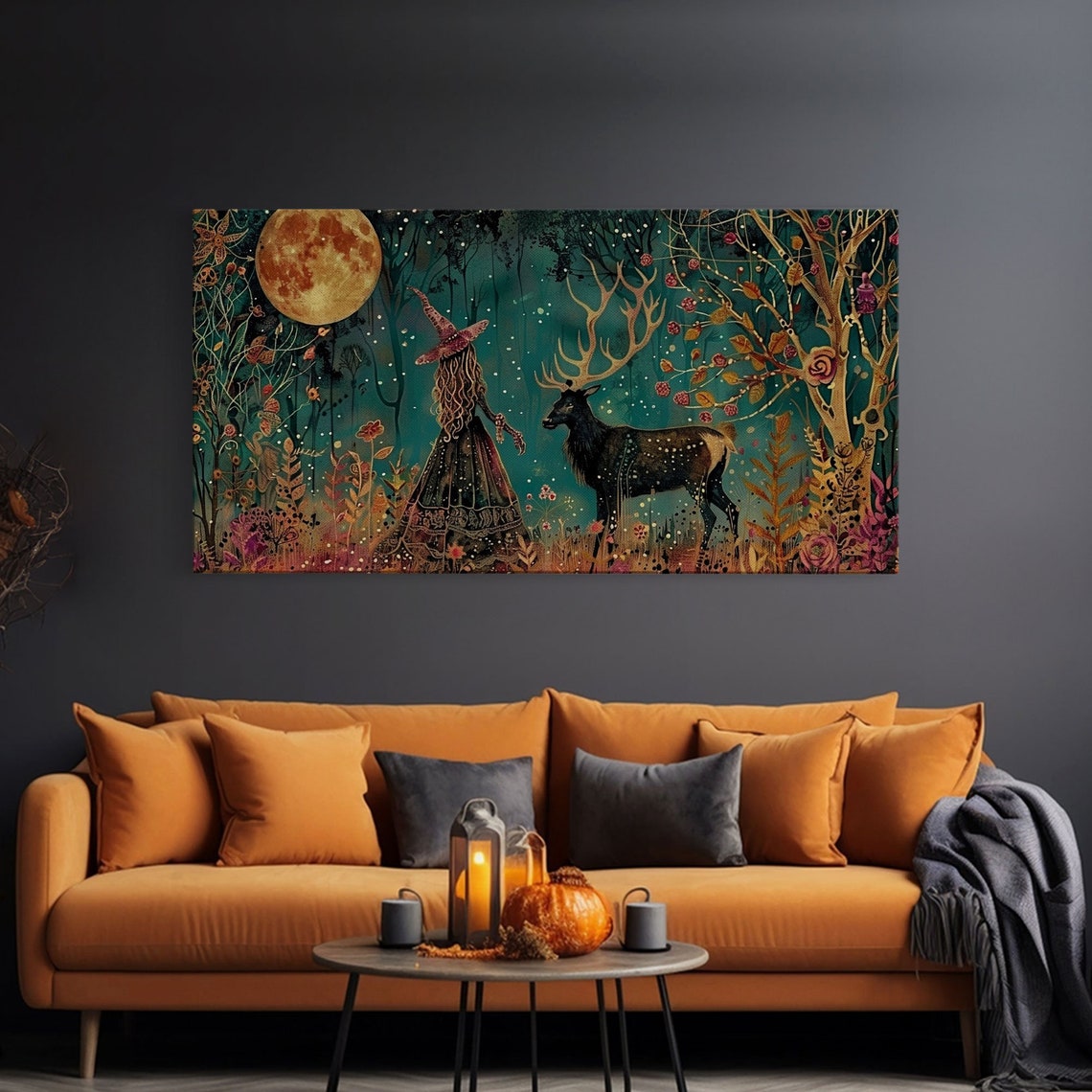 Victorian Witch With Elk Familiar Under Moonlight Art Nouveau Print - Image 3
