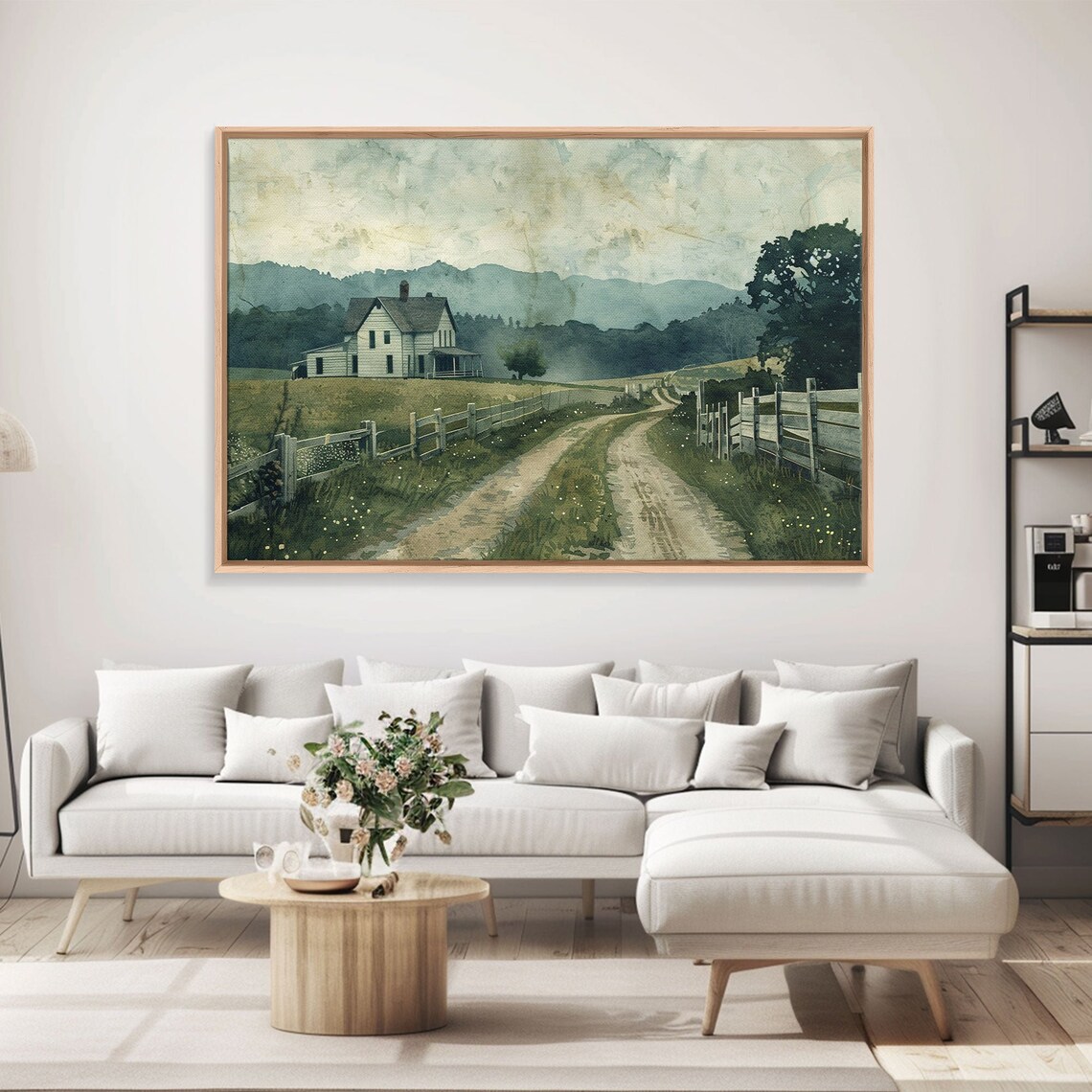 Country Road to White Farmhouse Watercolor Fences Misty Hills Poster - Image 6