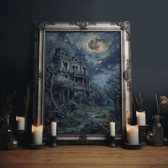 Haunted Victorian Mansion Halloween Art Print, Gothic Decor