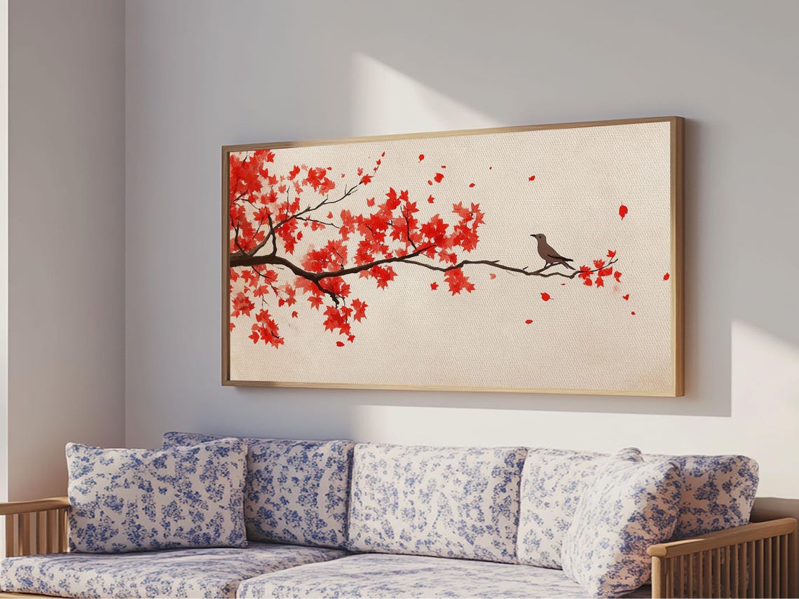 Red Maple Branch with Songbird Minimalist Autumn Fall Leaves Art Print - Image 6