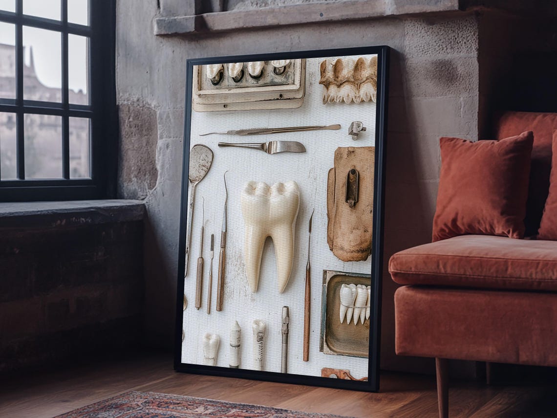 Vintage Dental Tools Tooth Flat Lay Rustic Dentistry Office Art Poster - Image 3