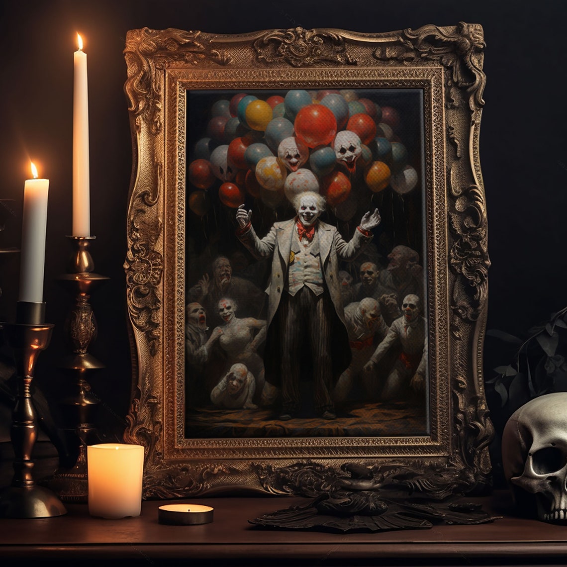 Creepy Clown With Skull Balloons Vintage Circus Horror Wall Art - Image 5
