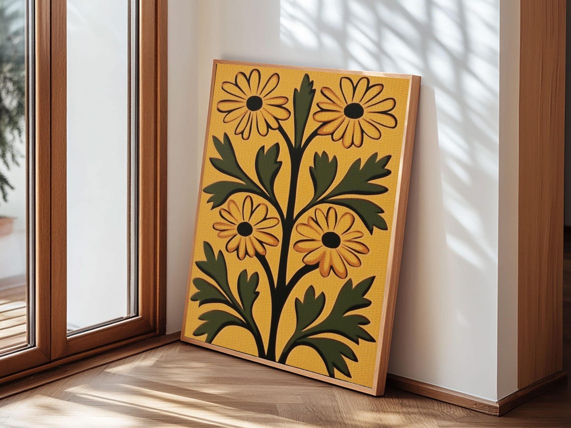 Folk Art Yellow Daisy Flowers Mustard Boho Botanical Wall Poster - Image 6