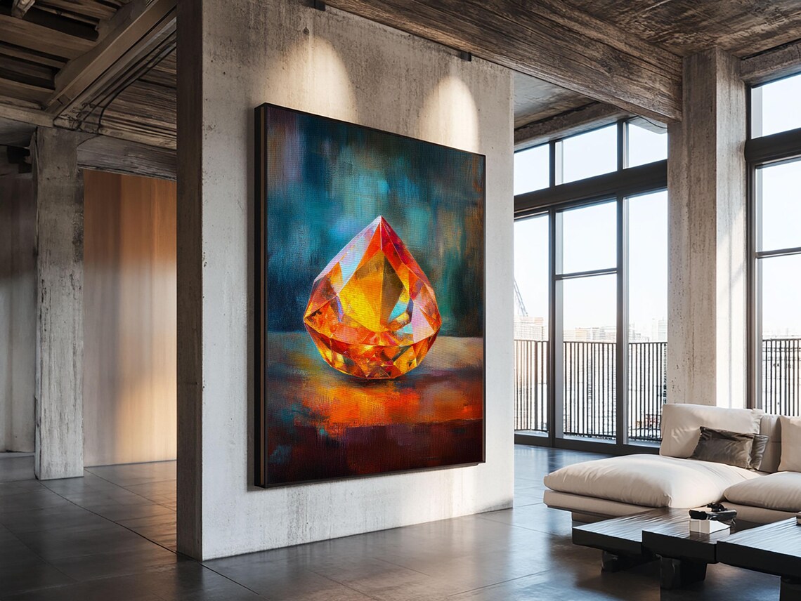 Red Gemstone Faceted Jewel Painting Teal Background Precious Stone Wall Art - Image 5