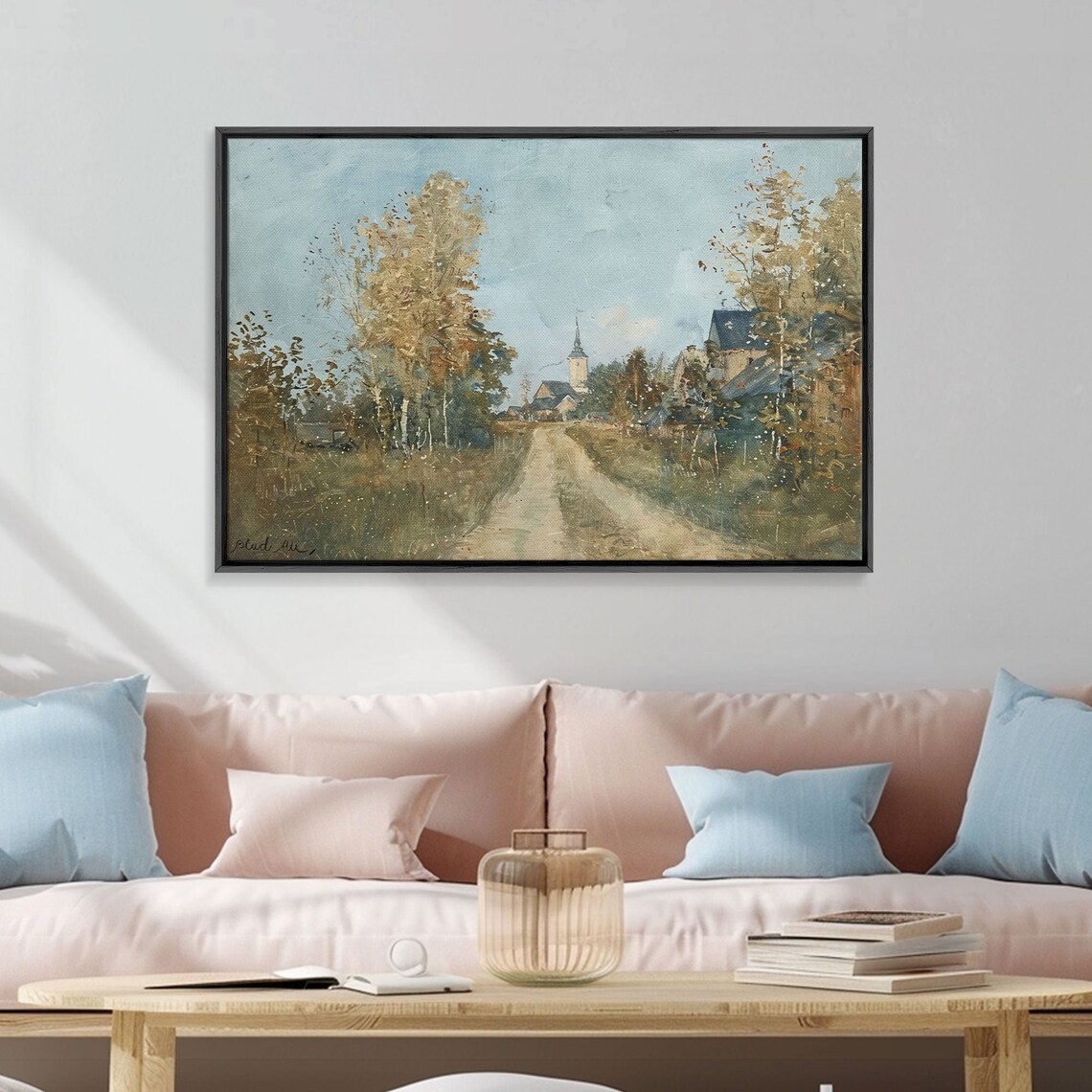 Old Country Road Leading to Village Church Autumn Trees Folk Art Poster - Image 5