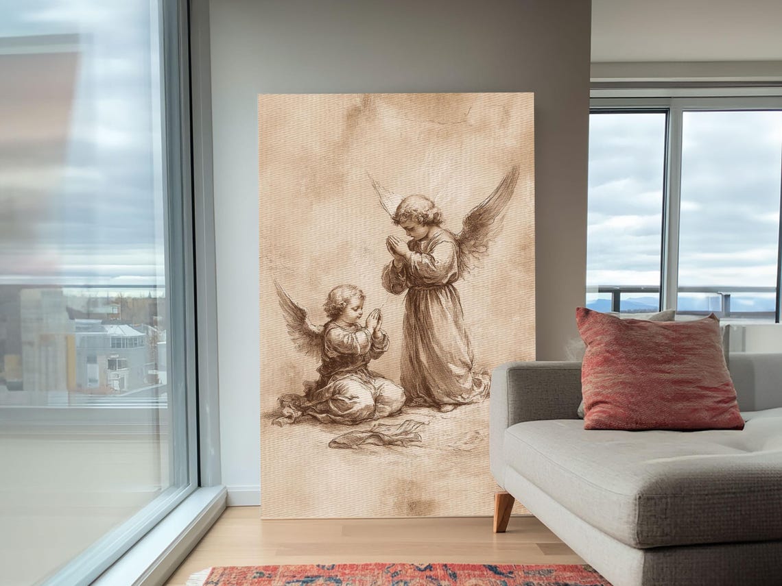 Praying Cherub Angels Sepia Sketch Vintage Guardian Angel Art Print - Image 5