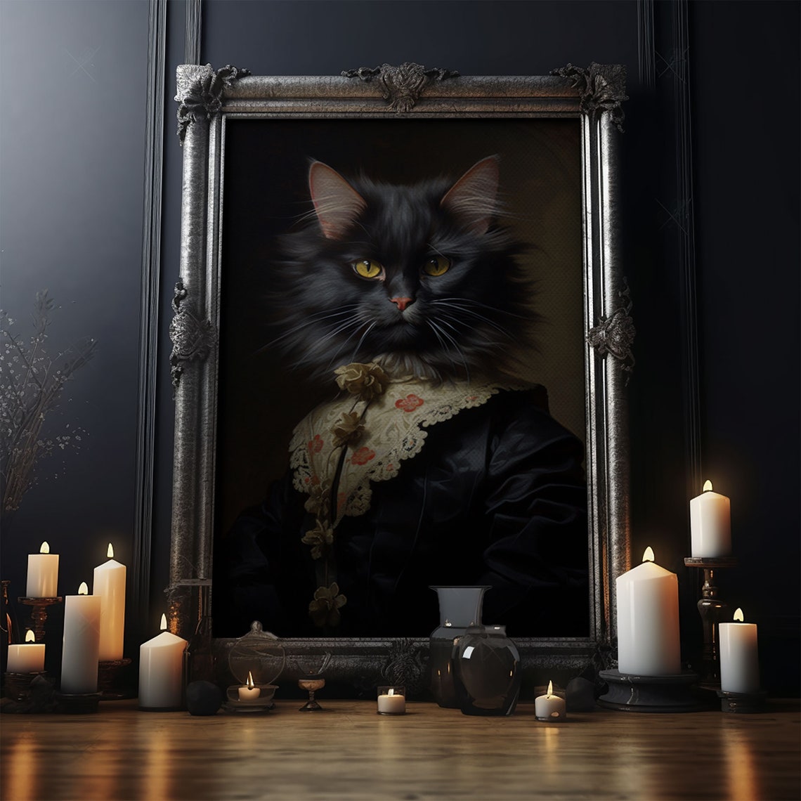Victorian Black Cat Portrait Lace Dress Funny Halloween Wall Art Print - Image 4