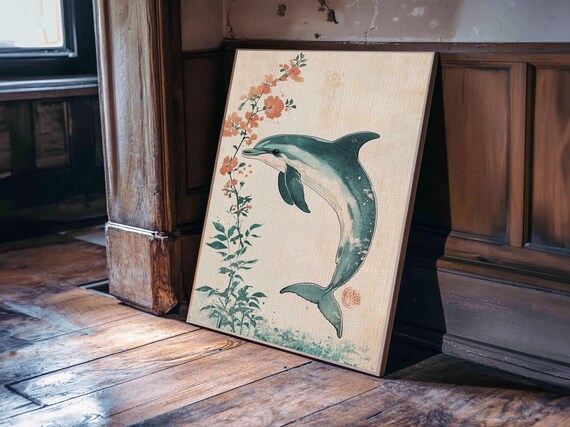 Cherry Blossoms And Dolphins Framed Print Home Decor Wabi Sabi Dolphin Painting Minimalist Decor Living Room Art Bedroom Art
