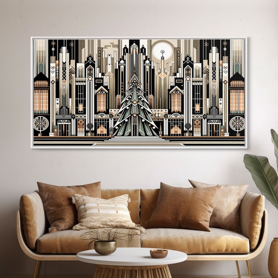 Art Deco Christmas Village, Retro Xmas Art Print
