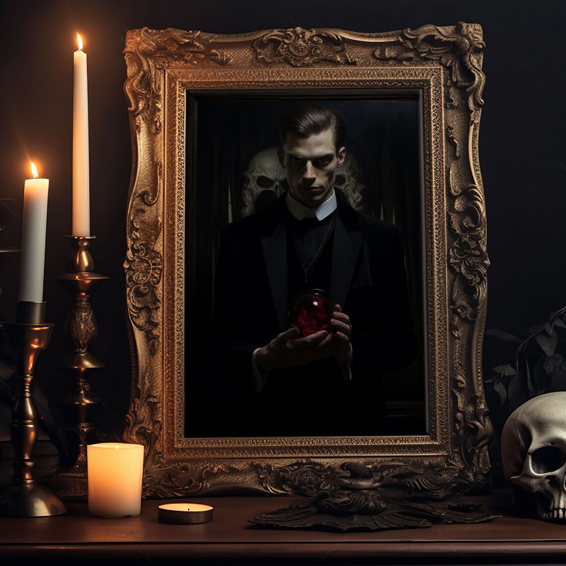 Dark Victorian Vampire Portrait Red Crystal Ball Gothic Spooky Art Print - Image 4