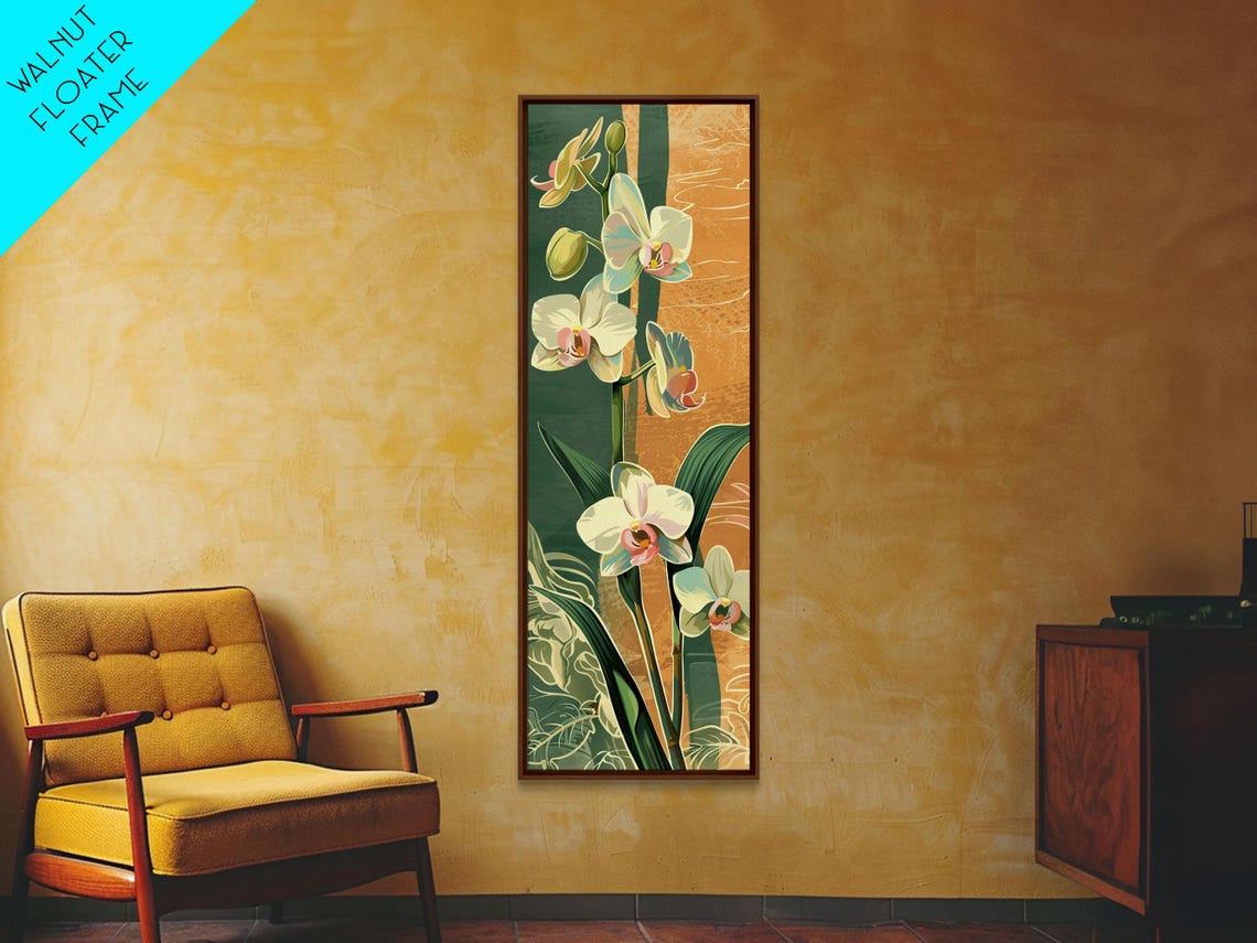 Delicate White Orchid Blossoms Teal Gold Japanese Vertical Print - Image 5