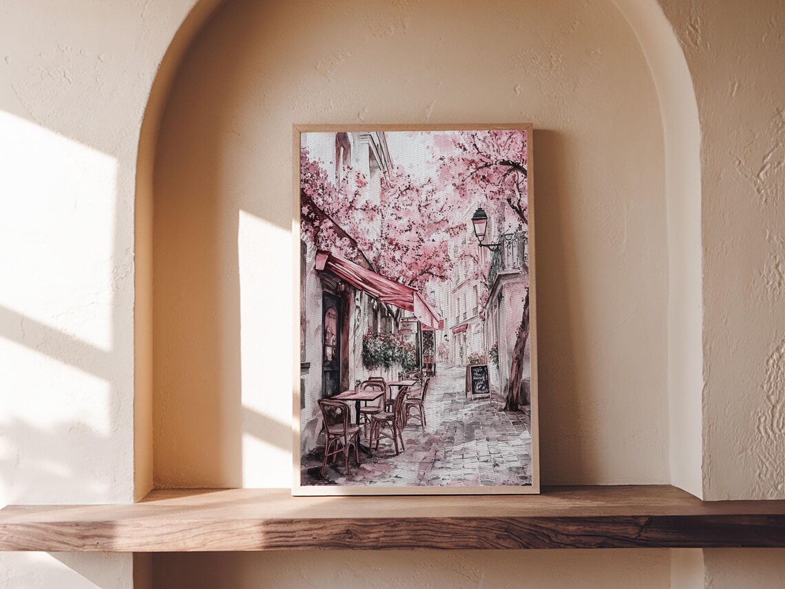Paris Street Cafe Cherry Blossom Watercolor Print France Travel Poster - Image 5