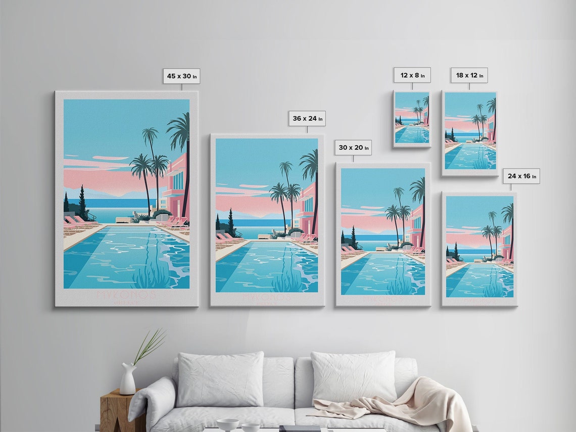 Mykonos Greece Poolside Palm Trees Pink Sunset Sea View Poster - Image 2