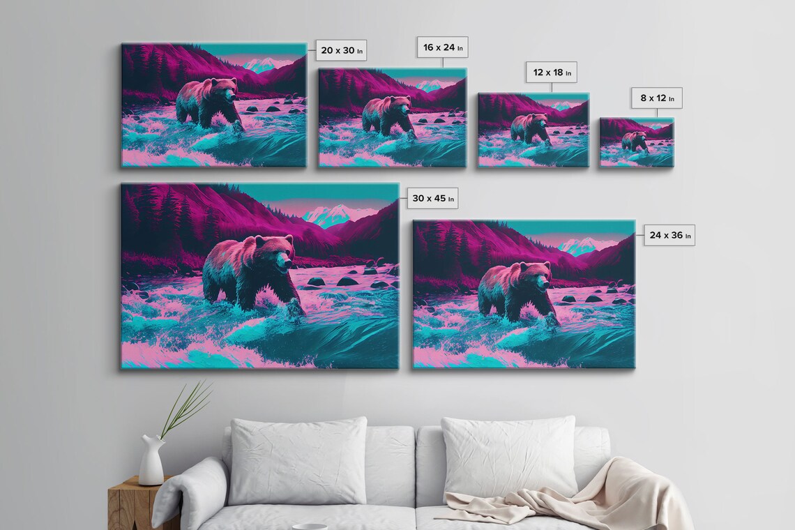 Grizzly Bear Crossing A River, Vaporwave Art Print - Image 2
