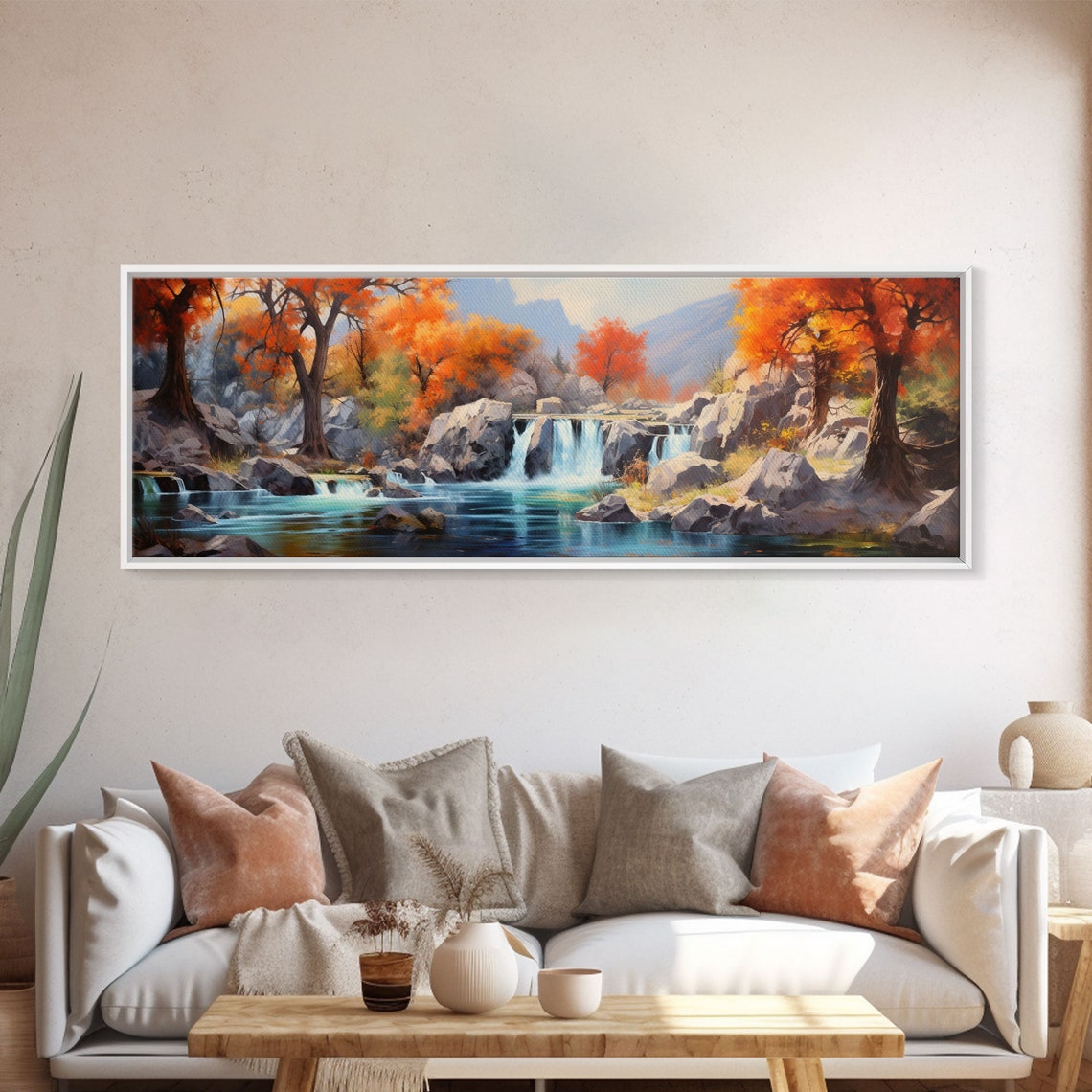 Autumn Waterfall Landscape Painting Orange Trees Rocky River Art - Image 5