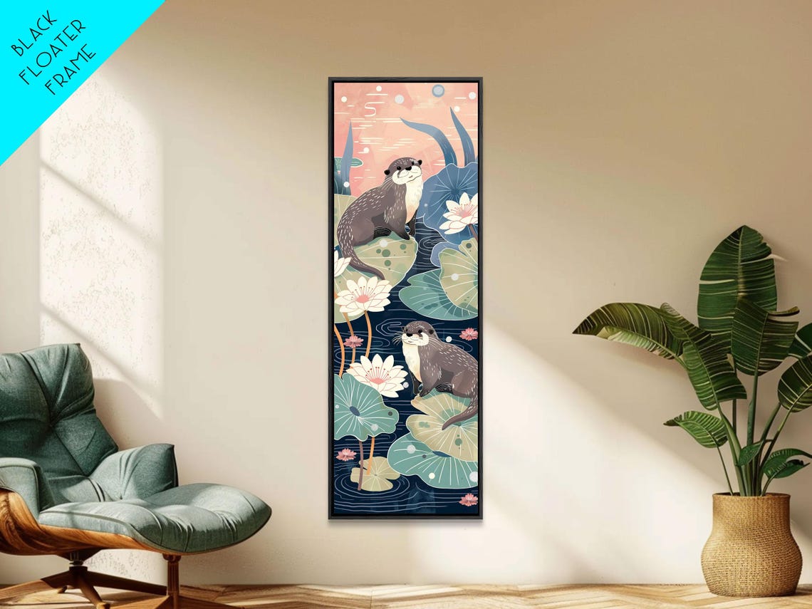 Playful Otters Lily Pad Pond Floral Cute Tall Vertical Art Print