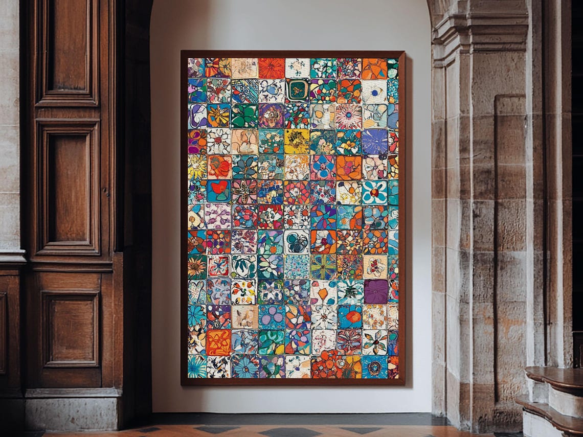 Colorful Floral Mosaic Squares Patchwork Boho Tile Art Print - Image 5