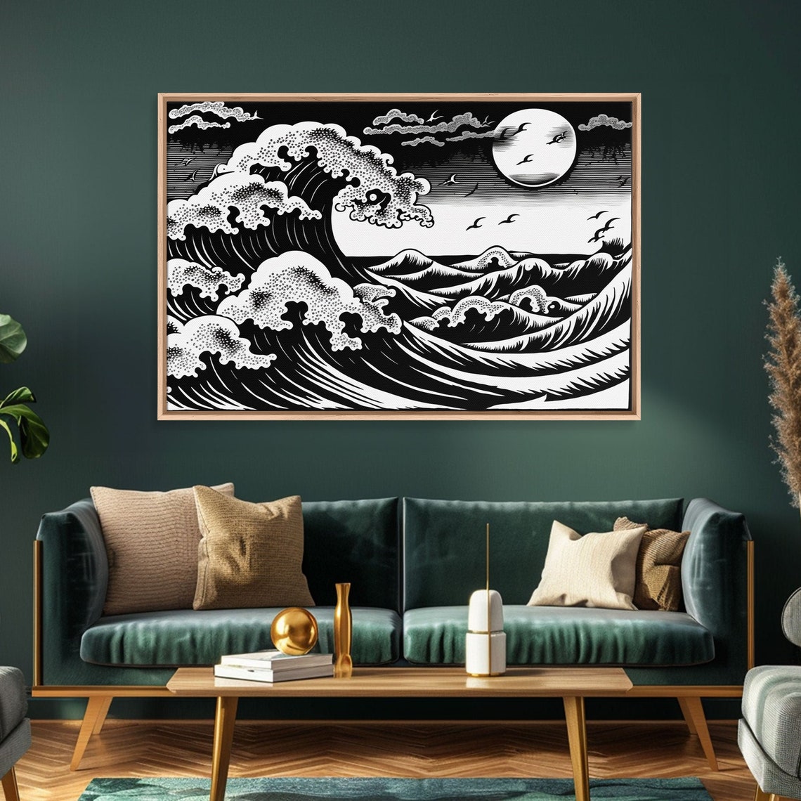 Great Wave Moonlit Ocean Black White Japanese Woodblock Style Poster - Image 4
