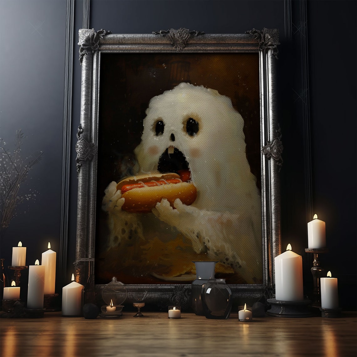 Cute Ghost Eating Hot Dog Funny Halloween Hungry Ghost Art Poster - Image 4