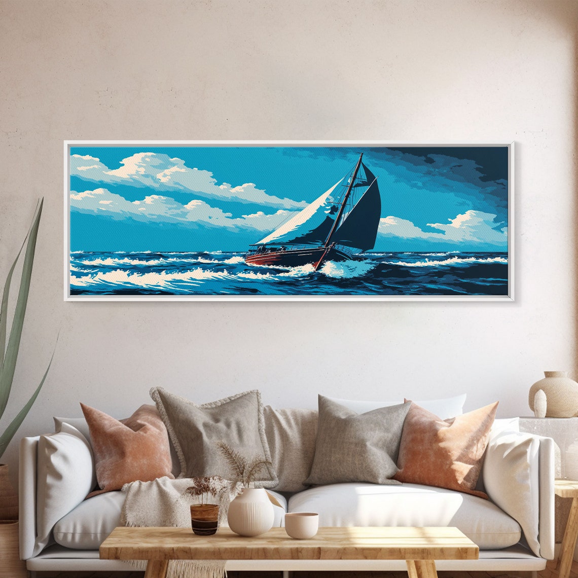 Panoramic Sailboat Blue Ocean Waves Full Sails Sunny Sky Wall Poster - Image 5