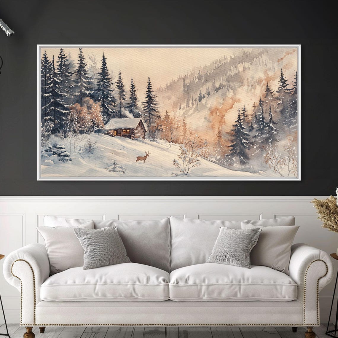Winter Cabin Snow Forest Deer Misty Mountain Cozy Holiday Night Poster