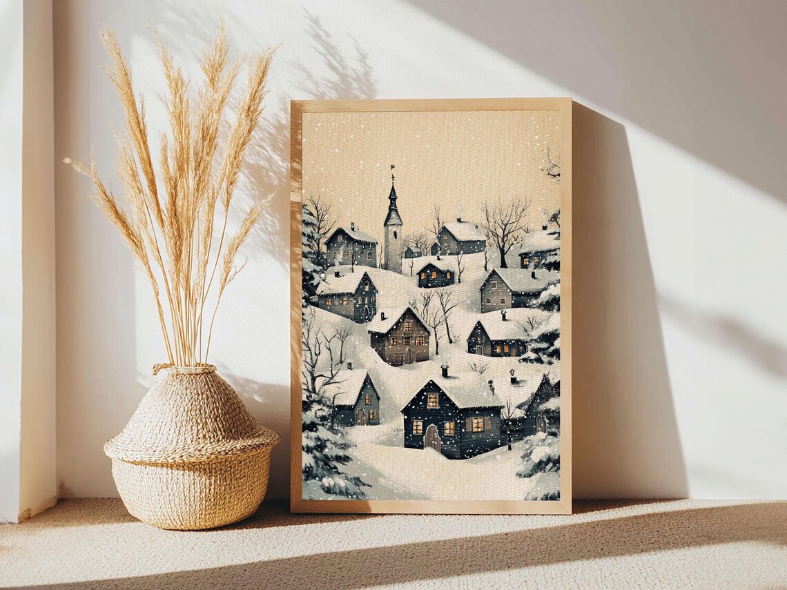 Snowy Winter Village With Church Minimalist Night Landscape Art Print - Image 3