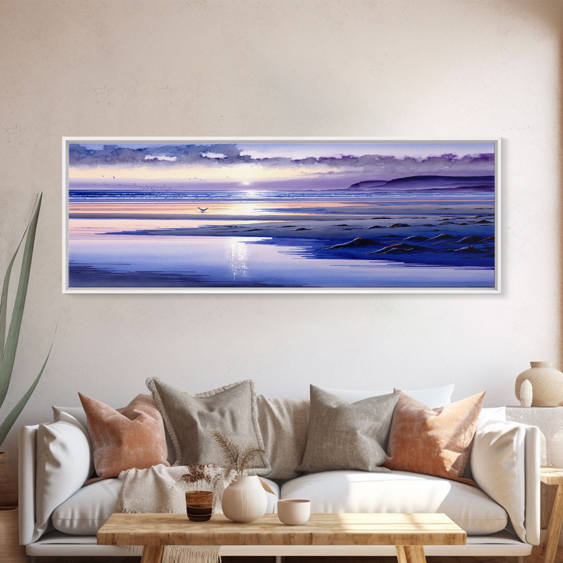 Panoramic Violet Beach Sunset Watercolor Waves Reflections Wall Poster - Image 5