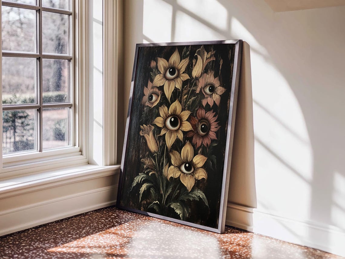 Surreal Flowers With Eyes Dark Gothic Botanical Painting Print - Image 3