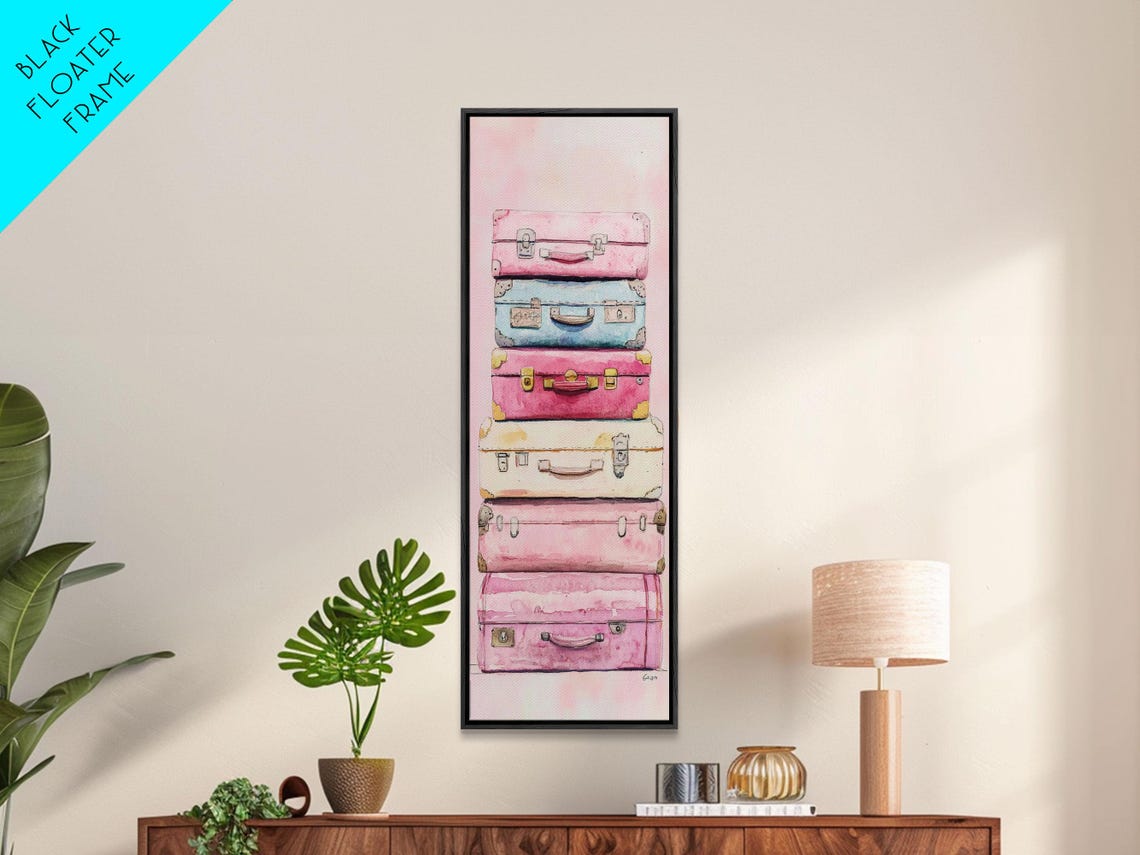 Stacked Suitcase Print Cottagecore Wall Art Whimsical Art Rustic Decor Light Pink Wall Art Vertical Gift Idea Above Sofa Art