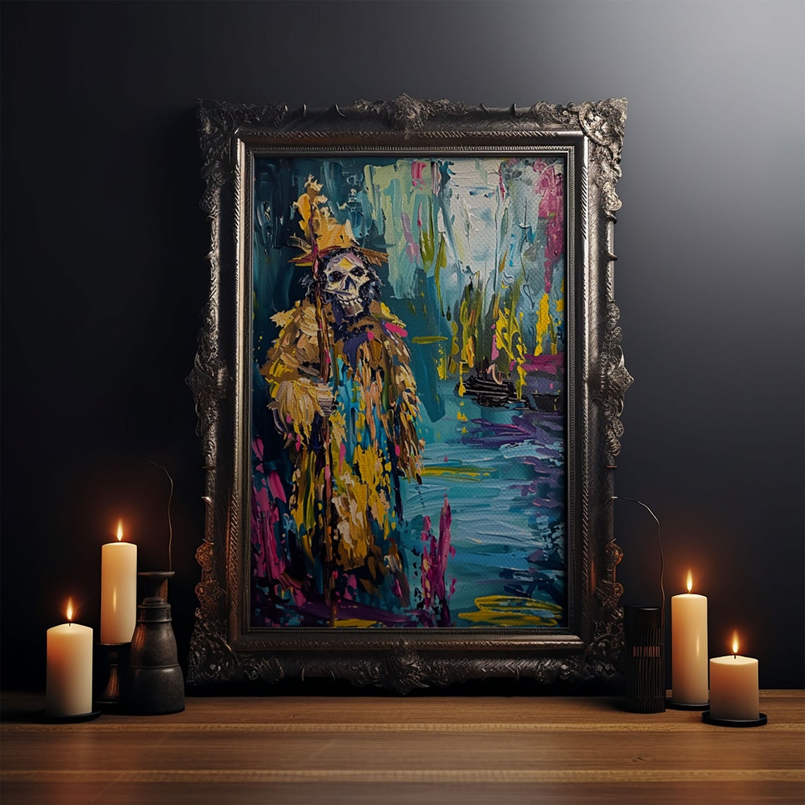 Colorful Abstract Skeleton Wizard Staff Impasto Halloween Art Poster - Image 3