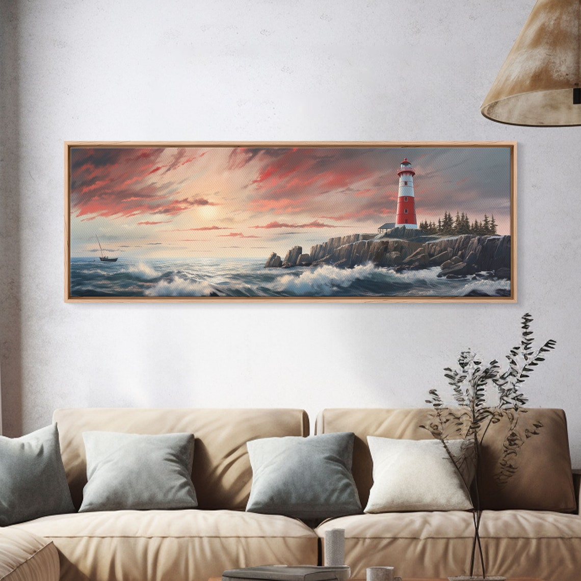 Red White Lighthouse Rocky Cliff Sunset Waves Ocean View Poster - Image 4