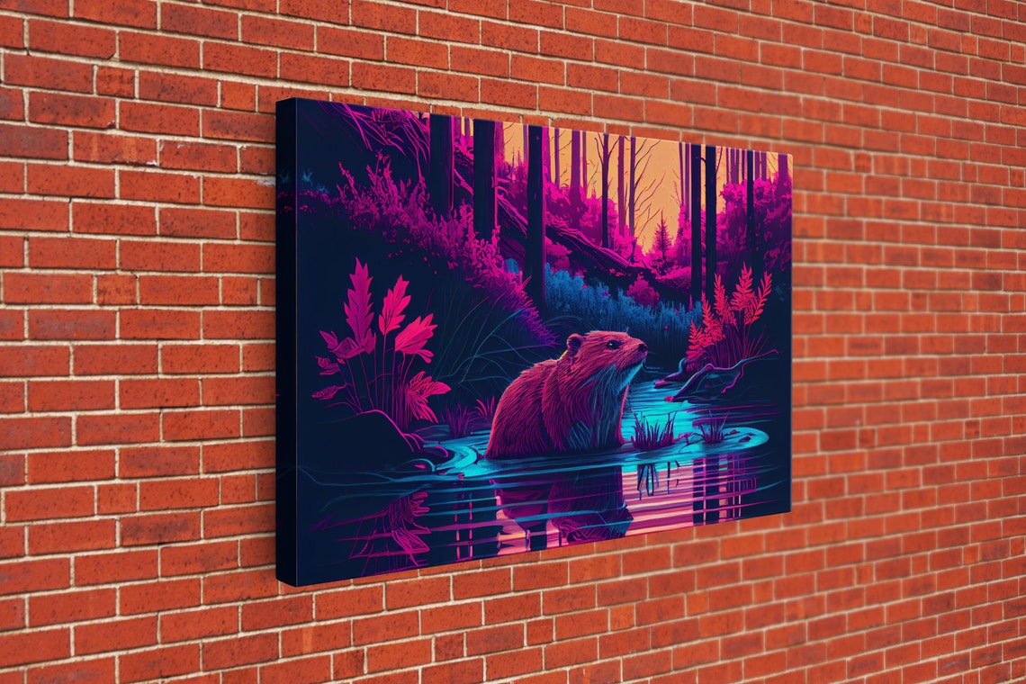 Vaporwave Beaver River Night Neon Pink Forest Reflection Poster - Image 3