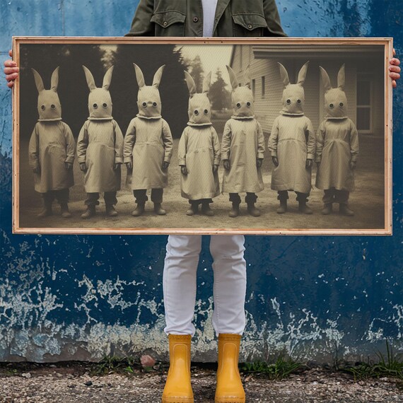 Seven Children In Bunny Masks Vintage Sepia Photo Creepy Art Print