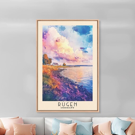 Rugen Germany Shoreline Cottage Pink Sunset Clouds Purple Rocks Poster