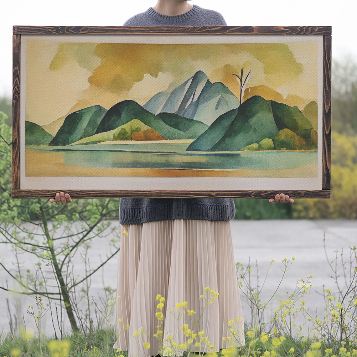 Green Watercolor Abstract Mountain Lake Landscape Modern Wall Poster - Image 2