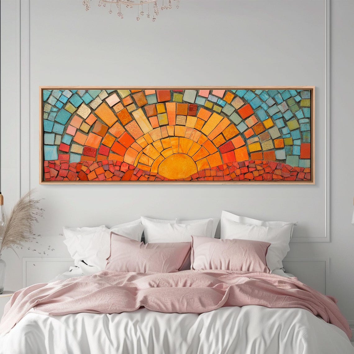 Wood Framed Mid Century Modern Wall Art Sunset Mosaic Tiles Print Horizontal Modern Wall Art Panoramic Above Bed Decor Boho Wall Art - Image 6