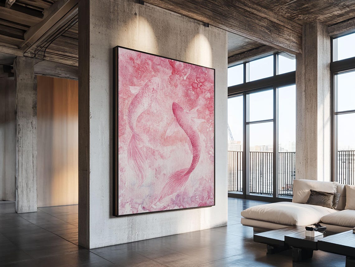 Two Pink Koi Fish Watercolor Zen Japanese Minimalist Art Print