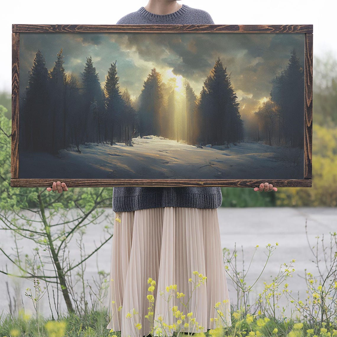 Snowy Pine Forest Sunbeam Winter Landscape Moody Nature Wall Poster - Image 2