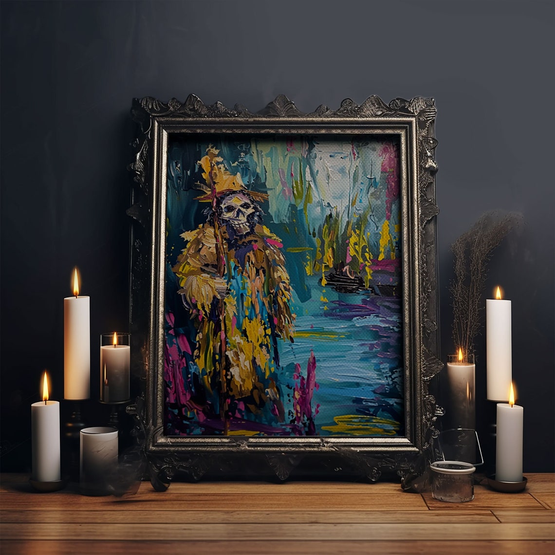 Colorful Abstract Skeleton Wizard Staff Impasto Halloween Art Poster - Image 5