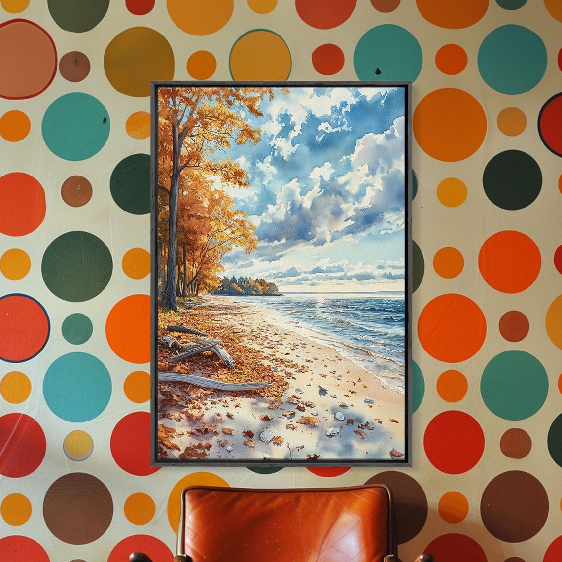 Autumn Beach With Fallen Leaves Driftwood Shore Scene Poster - Image 4