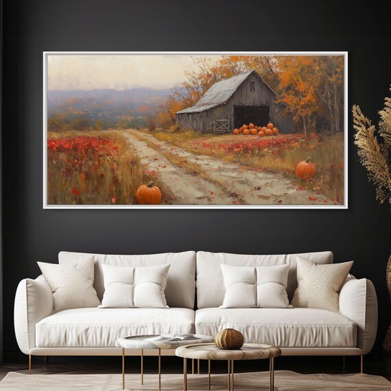 Country Farmhouse Autumn Harvest Barn Pumpkins Dirt Road Orange Foliage Poster